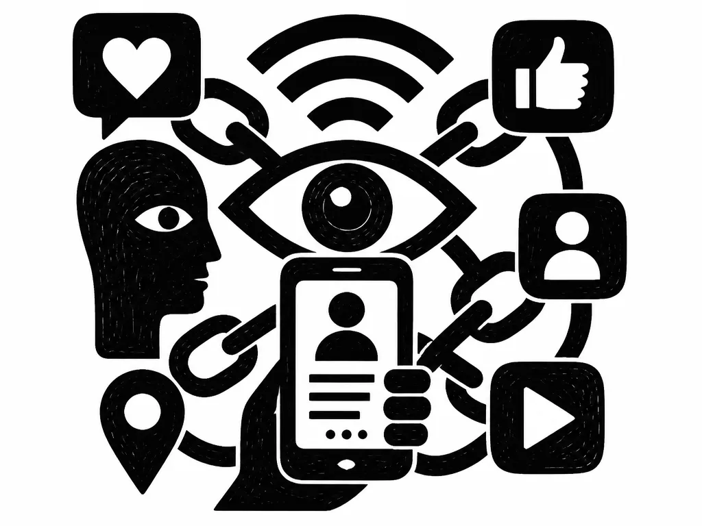 Social media storytelling woodcut icon